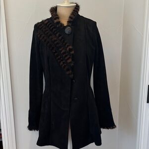Black and Brown Women's Suede-look Jacket w fur details